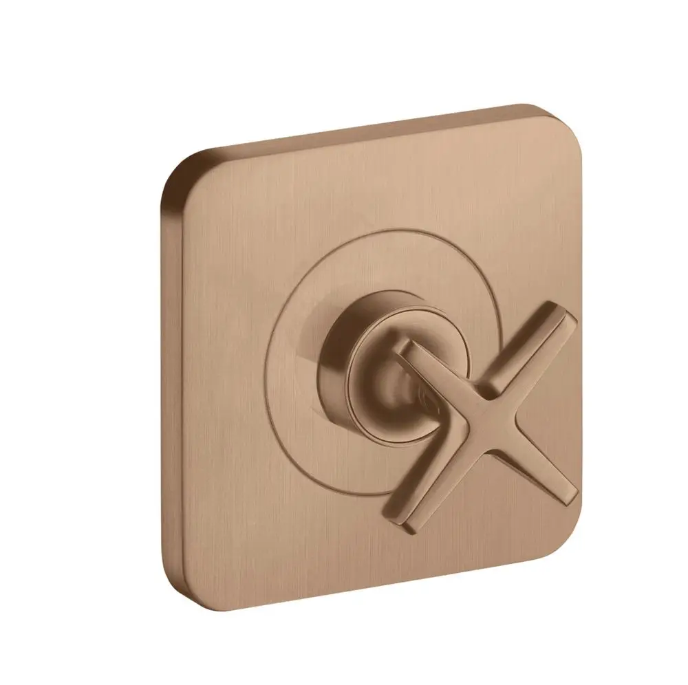 Unterputz-Absperrventil in brushed red gold von AXOR. Quadratförmige Platte mit einem kreisförmigen Drehknopf und Kreuzgriff. Einfaches Design für moderne Badezimmer.
